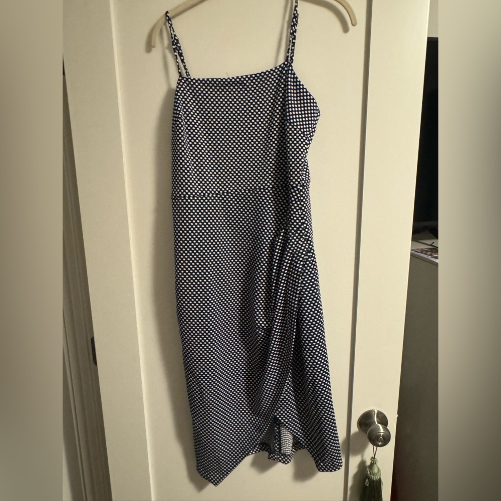 BETSEY JOHNSON Women Size 12 Navy Polka Dots Spaghetti Straps Sheath Dress